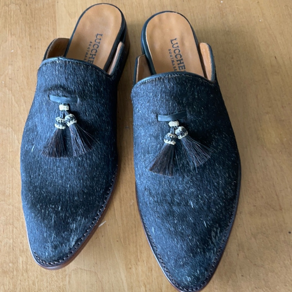 Lucchese Black Haircalf Tassel Mules